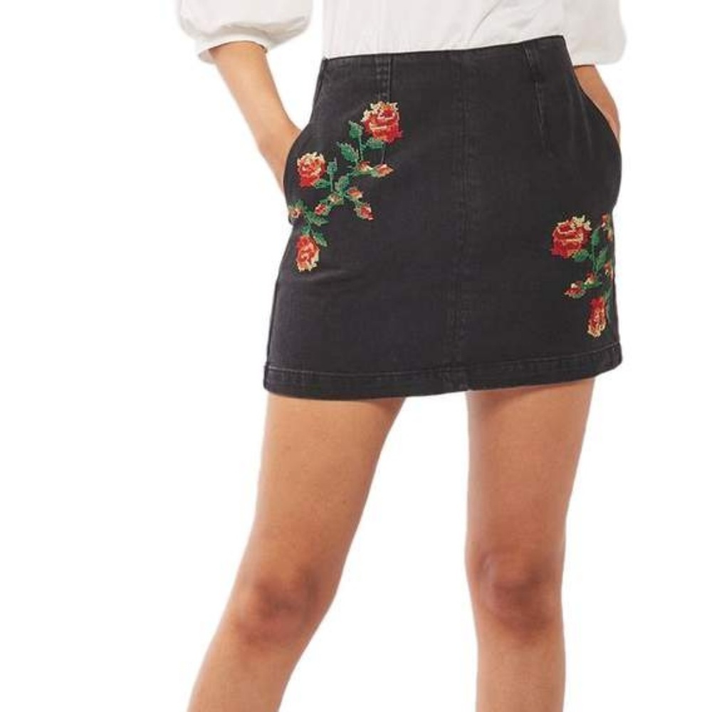 Topshop Embroidered Denim Mini Skirt
